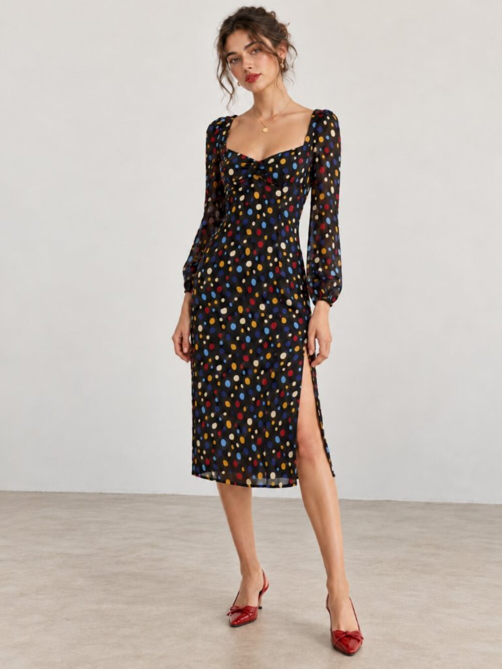REFORMATION Mabille Fiesta Multi Color Polka Dot Long Sleeve Midi Dress